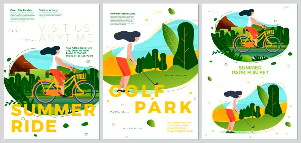 Vector summer typographic posters set - bike riding and golf player Stock Illustration