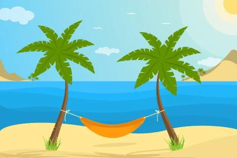 Vector summer vacation in hammock on the sunny beach with palms and shadow. Stock Illustration