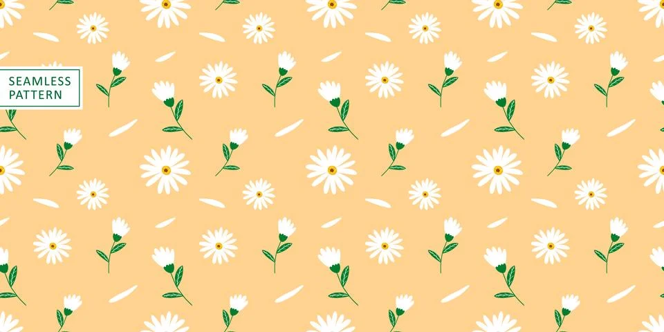 Vector summer yellow pattern with white daisies and green branches Stock Illustration