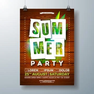 Vector SummerParty Flyer Design with Tropical Palm Leaves and Paper Cutting Stock Illustration