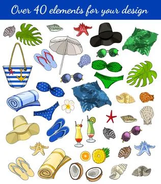 Vector summertime illustration set of beach accessories isolated on white bac Stock Illustration