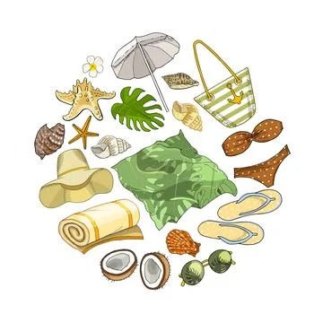 Vector summertime illustration set of beach accessories isolated on white bac Stock Illustration