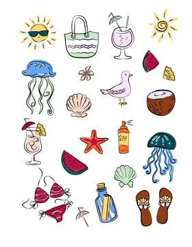 Vector summertime set with summer items umbrella, exotic fruits, jellyfish, s 스톡 일러스트