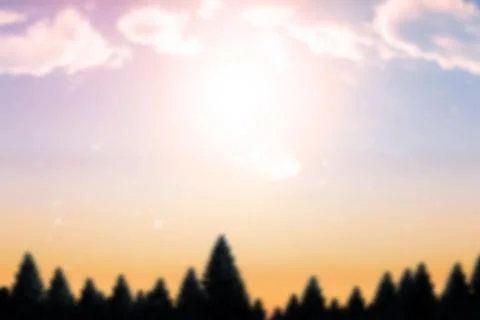 Vector sun is casting lens flare through clouds over orange-to-blue sky above Stock Illustration