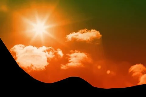 Vector sun is emitting lens-flare rays over gradient sky as clouds are drifting Stock Illustration