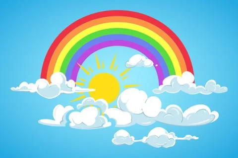 Vector sun, rainbow and clouds blue sky Stock Illustration