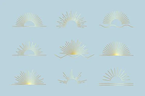 Vector Sun set of linear boho icons and symbols, gold sun logo design templates 库存插图
