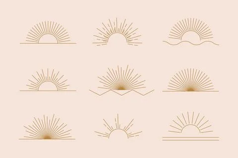 Vector Sun set of linear boho icons and symbols, gold sun logo design templates 库存插图