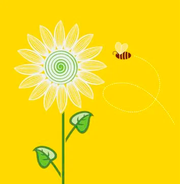 Vector sunflower cartoon with flying bee on yellow background Stock Illustration