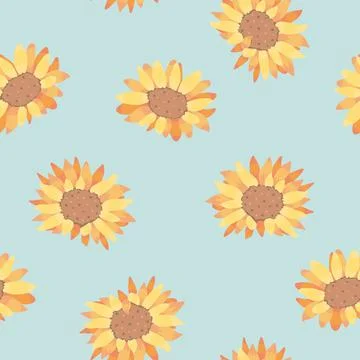 Vector Sunflower Head in Soft Pastel Colors on Green seamless pattern backgro Stock Illustration
