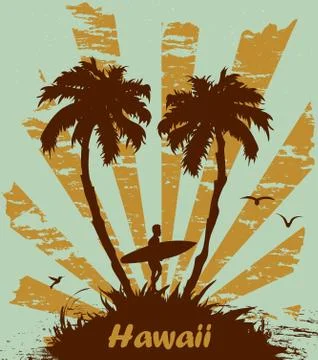 Vector Sunny beach with palm surfer in Hawaii Stock Illustration