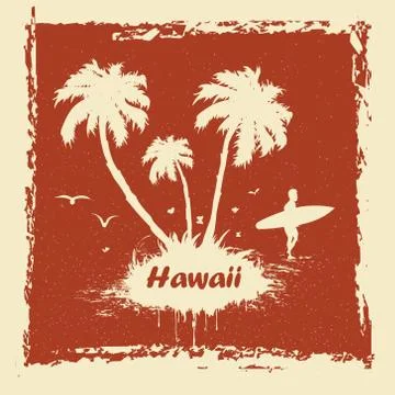 Vector Sunny beach with palm surfer in Hawaii Illustrazione stock