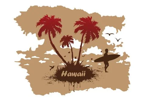 Vector Sunny beach with palm surfer in Hawaii Stock Illustration