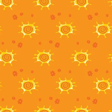 Vector sunny orange rows of cute sun doodle seamless background pattern. Su.. Stock Illustration