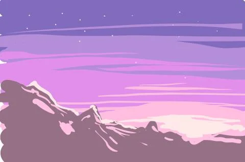 Vector of sunrise or sunset winter landscape on mountains Stock Illustration