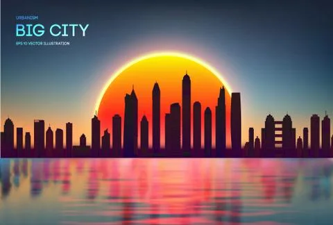 Vector sunset city skyline with modern buildings silhouette. Night city red with Stock Illustration