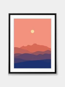 Vector Sunset Mountain View Landscape Minimal Painting on Wall with Black Frame Stock Illustration