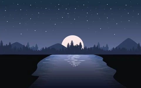 Vector sunset portrait with river and trees Illustrazione stock
