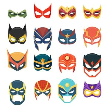 Vector Super Hero Masks Set in Flat Style. Face Character, Superhero Comic Book Stock Illustration