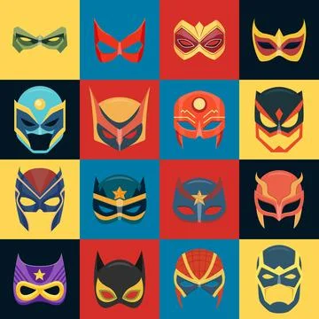 Vector Super Hero Masks Set in Flat Style. Face Character, Superhero Comic Book Stock Illustration