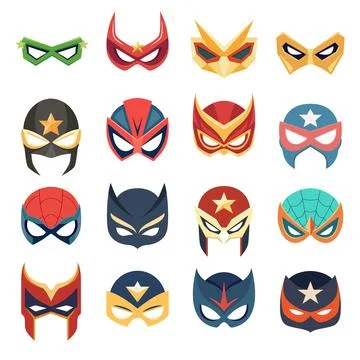 Vector Super Hero Masks Set in Flat Style. Face Character, Superhero Comic Book Stock Illustration