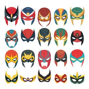 Vector Super Hero Masks Set in Flat Style. Face Character, Superhero Comic Book Stock Illustration
