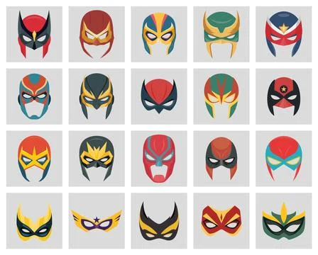 Vector Super Hero Masks Set in Flat Style. Face Character, Superhero Comic Book Stock Illustration
