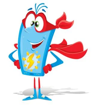 Vector super phone with a developing red cloak. Funny cartoon character. Illustrazione stock