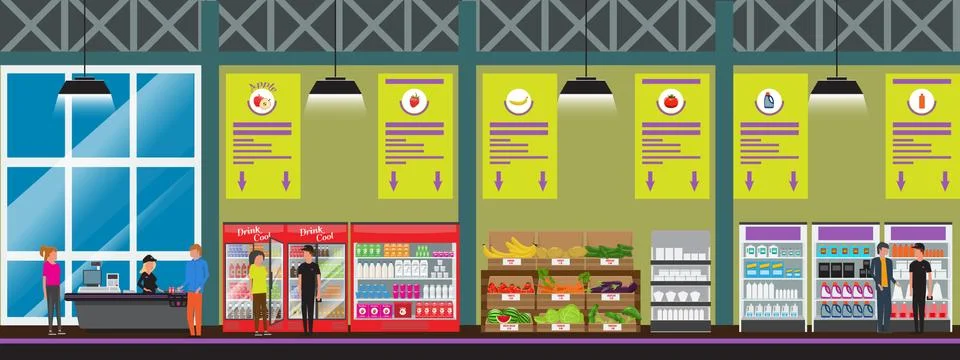 Vector Supermarket interior vector illustration in flat style with high detailed Illustrazione stock