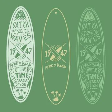 Vector surf board poster lettering logo hand drawing, print color green and Illustrazione stock