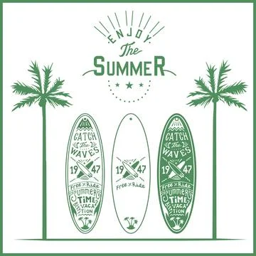Vector surf board poster lettering logo hand drawing, print color green and Illustrazione stock