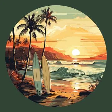 Vector: Surfboards on a sandy beach with palm trees and sea waves in the Stock Illustration