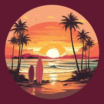 Vector: Surfboards on a sandy beach with palm trees and sea waves in the Stock-Illustration