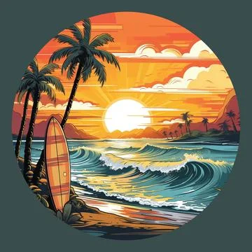 Vector: Surfboards on a sandy beach with palm trees and sea waves in the Stock Illustration