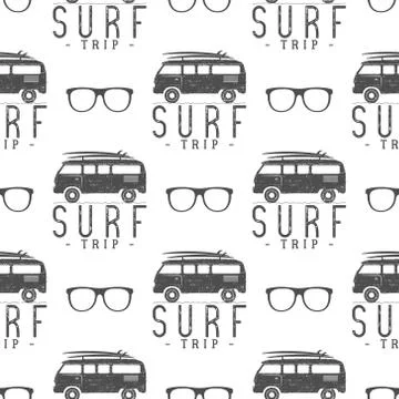 Vector Surfing Seamless pattern with surfing glass. Surfer van, glasses elements Stock Illustration
