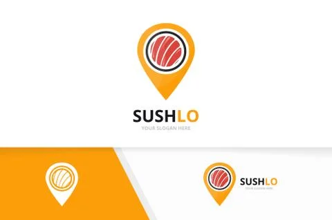 Vector sushi and map pointer logo combination. Japanese food and gps locator Illustrazione stock