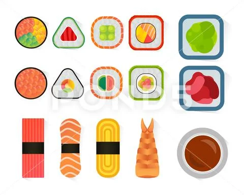 Vector Sushi And Rolls Set Isolated On White Background