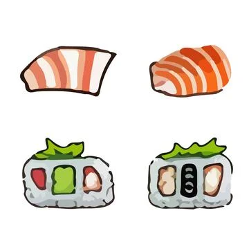 Vector Sushi set on white. Asian food with fish, rice, seaweed, caviar. Stock Illustration