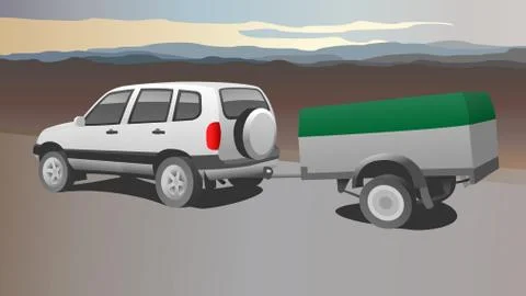Vector SUV With a Trailer on the Background of Mountains or Hills Stock Illustration