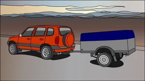 Vector SUV With a Trailer on the Background of Mountains or Hills Stock Illustration