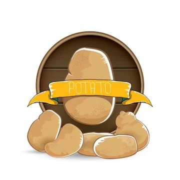 Vector sweet brown potato label with pile of potatoes isolated on wooden round Stock Illustration