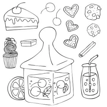 Vector sweet things in doodle style on  white background. Stock Illustration