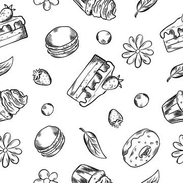 Vector sweets background. Seamless hand-drawn pattern with black and white .. Illustrazione stock