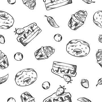 Vector sweets background. Seamless hand-drawn pattern with black and white .. Illustrazione stock