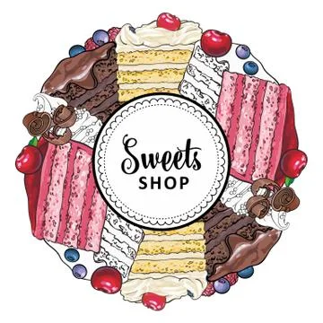 Vector sweets shop logo with cupcake biscuits Illustrazione stock