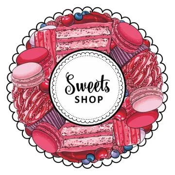 Vector sweets shop logo with cupcake biscuits Stock Illustration