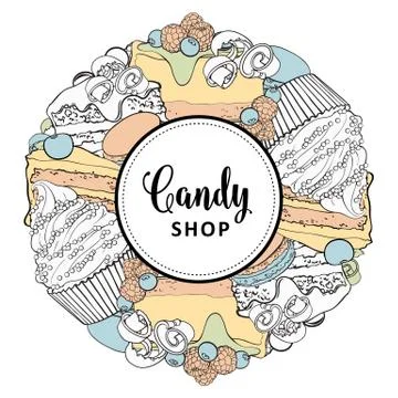 Vector sweets shop logo with cupcake biscuits Stock Illustration