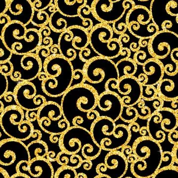 Vector swirl seamless pattern with gold glitter on black background Stock Illustration