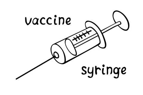 Vector syringe icon with lettering. Hand drawn black outline doodle isolated. Stock Illustration