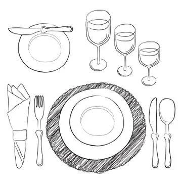 Vector table setting. White and clear tableware and eating utensils are set a Stock Illustration